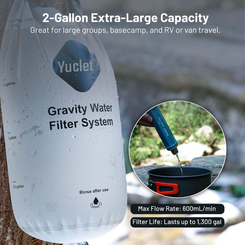 Yuclet Gravity Water Filter System w/ 2-Gal Bag & 0.1-Micron Water Filter Straw, Gravity-Fed Water Filtration System Water Purifier Survival for Camping, Backpacking, Hiking & Emergency Preparedness - Image 3